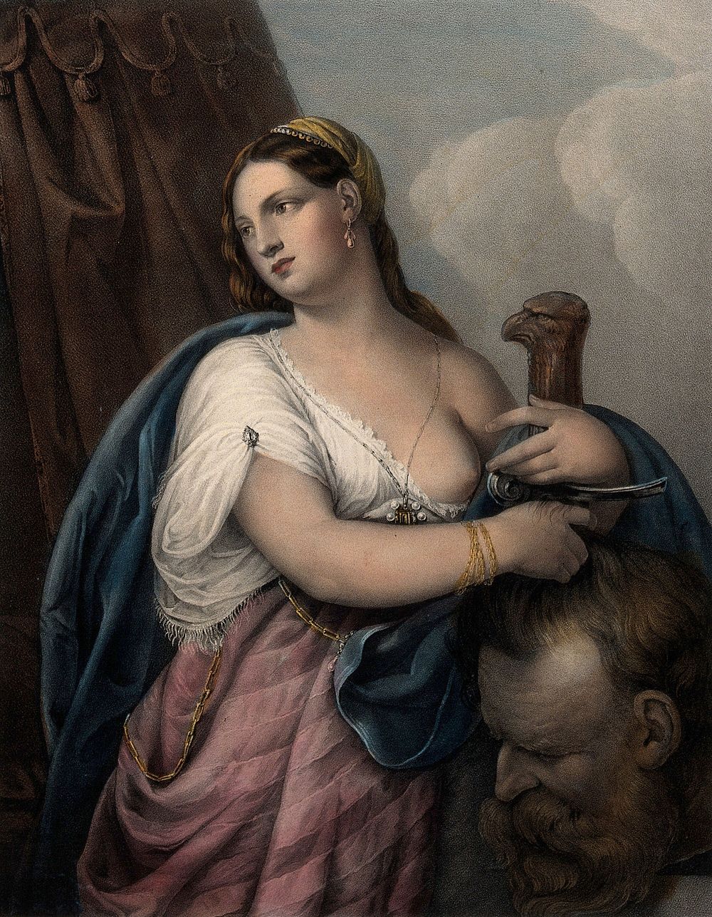 Judith with a sword holding the head of Holofernes. Coloured lithograph by F. Hanfstaengel after A. Varotari, il Padovanino.