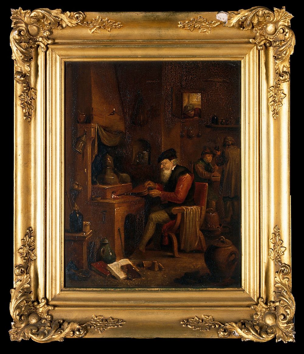 An alchemist in his laboratory. Oil painting after David Teniers II.