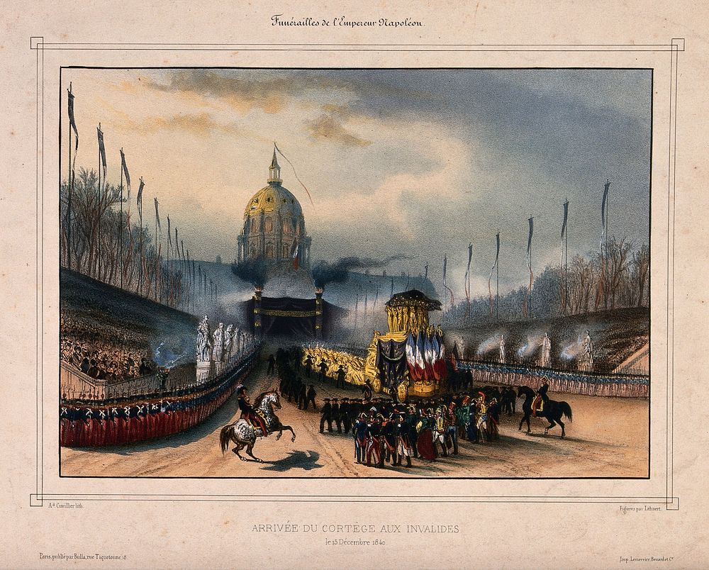 The funeral cortege for Napoleon Bonaparte arrives at the Domes des Invalides in Paris in 1840. Coloured lithograph by A.…