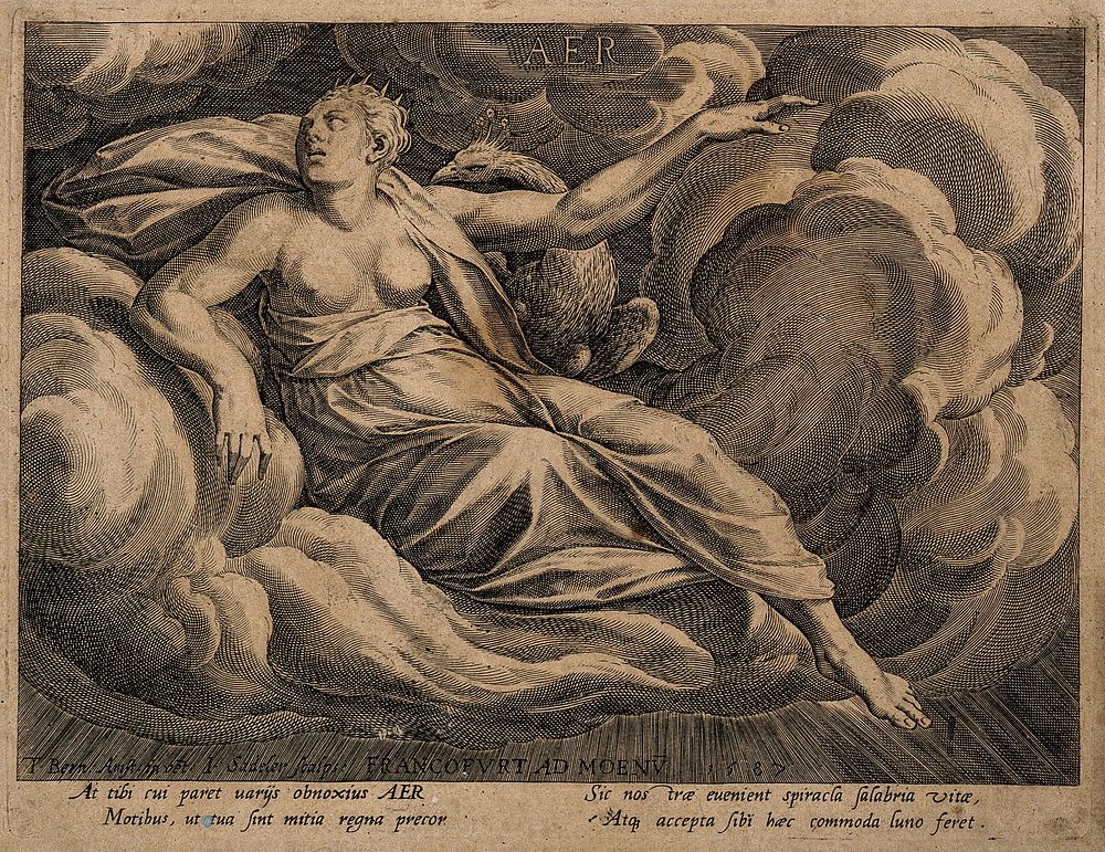 Juno with her peacock in the clouds; representing the element of air. Engraving by J. Sadeler, 1587, after D. Barendsz.