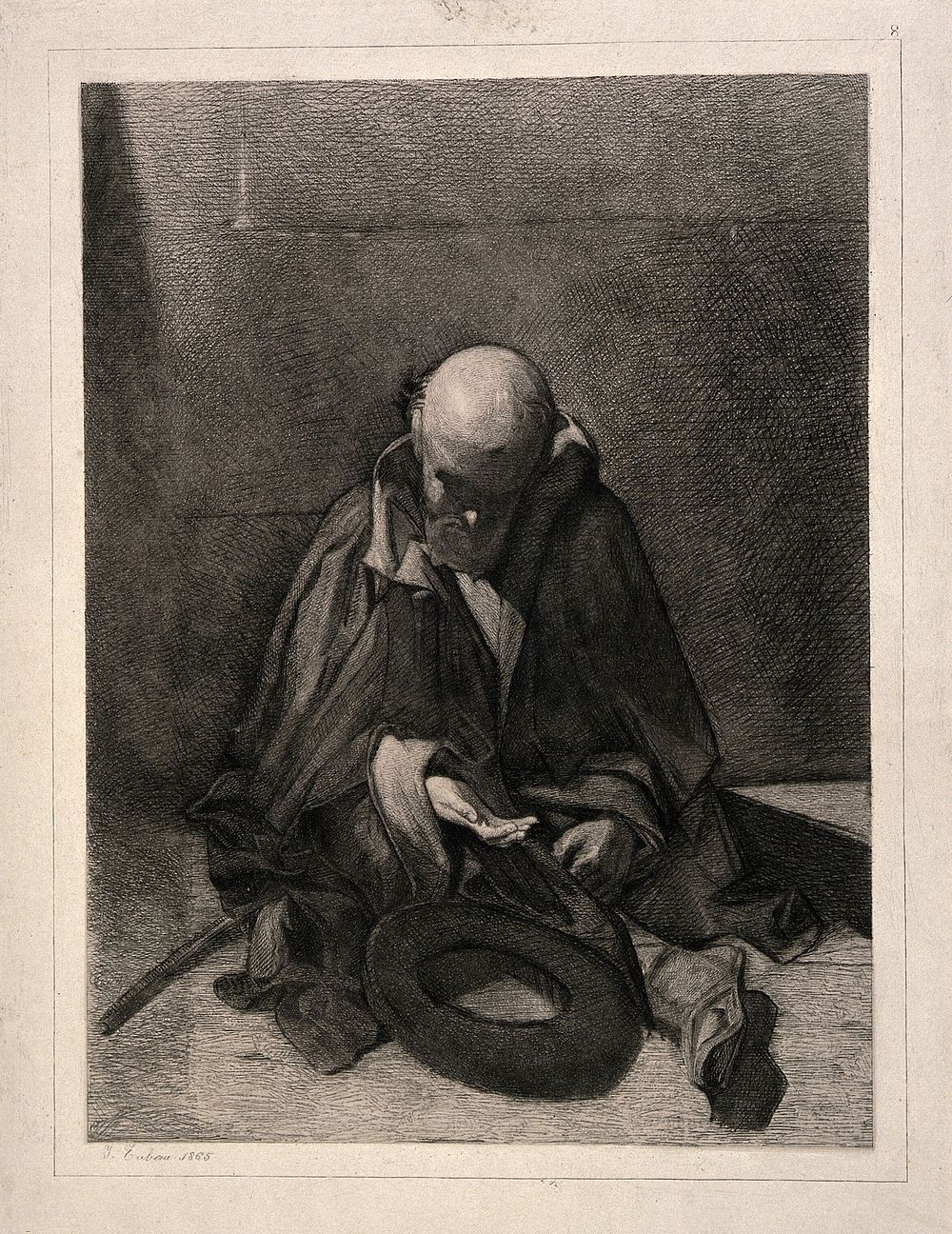 A blind beggar sits, head lowered, hand begging for money. Etching by J. Zubau, 1865.