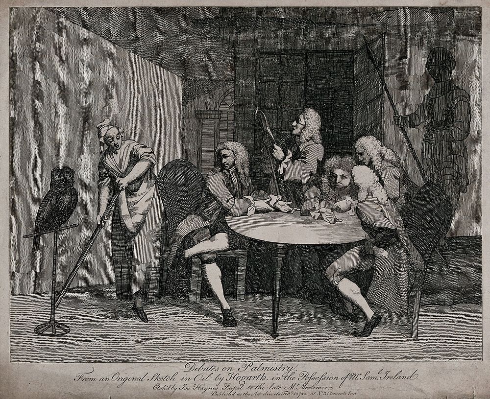 Five men congregated round a table, two of whom hold out the palm of their hands. Etching by J. Haynes after W. Hogarth…