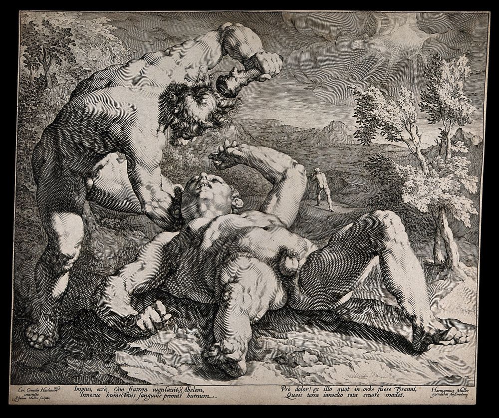 Cain violently kills Abel. Engraving by Jan Muller after Cornelis van Harlem.