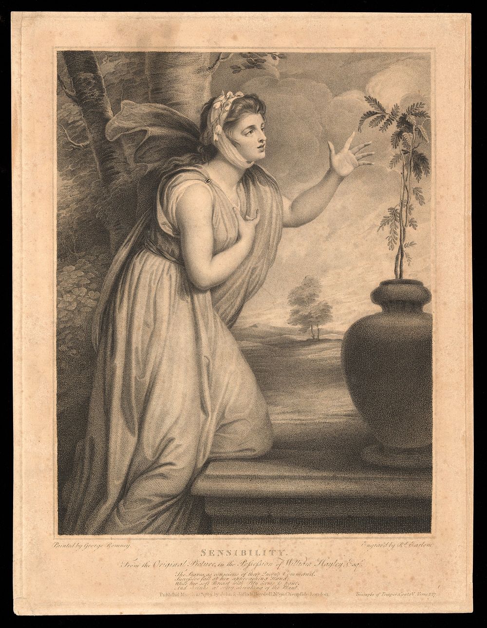 Emma Hamilton in an attitude towards a mimosa plant, causing it to demonstrate sensibility. Stipple engraving by R. Earlom…