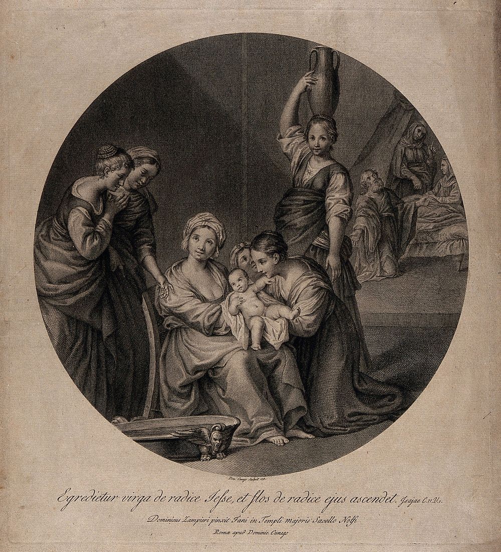 The birth of the Virgin Mary, a 'virga' (shoot) from the genealogical tree of Jesse. Engraving by D. Cunego, 1778, after D.…
