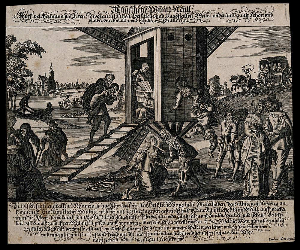 Husbands bringing their ugly wives to a windmill, to be transformed into beautiful ones. Engraving, ca 1650.