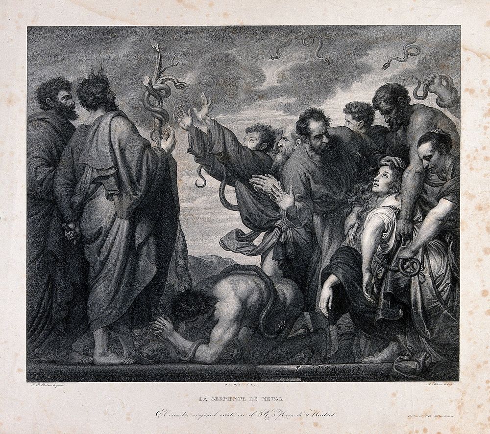 Moses and Eleazar reveal the brazen serpent to the people afflicted with snakebite. Lithograph by A. Blanco after P.P.…