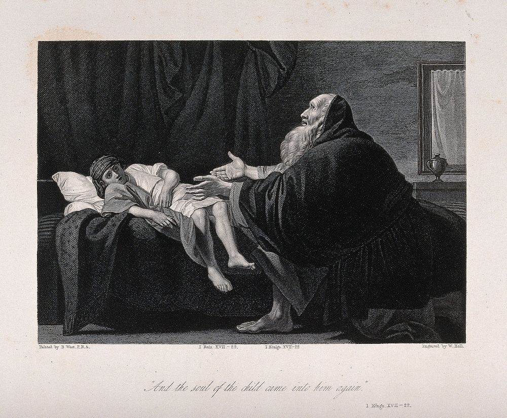 The widow's son, empty-eyed, returns to life at the prayer of Elijah. Engraving by W. Holl after B. West.
