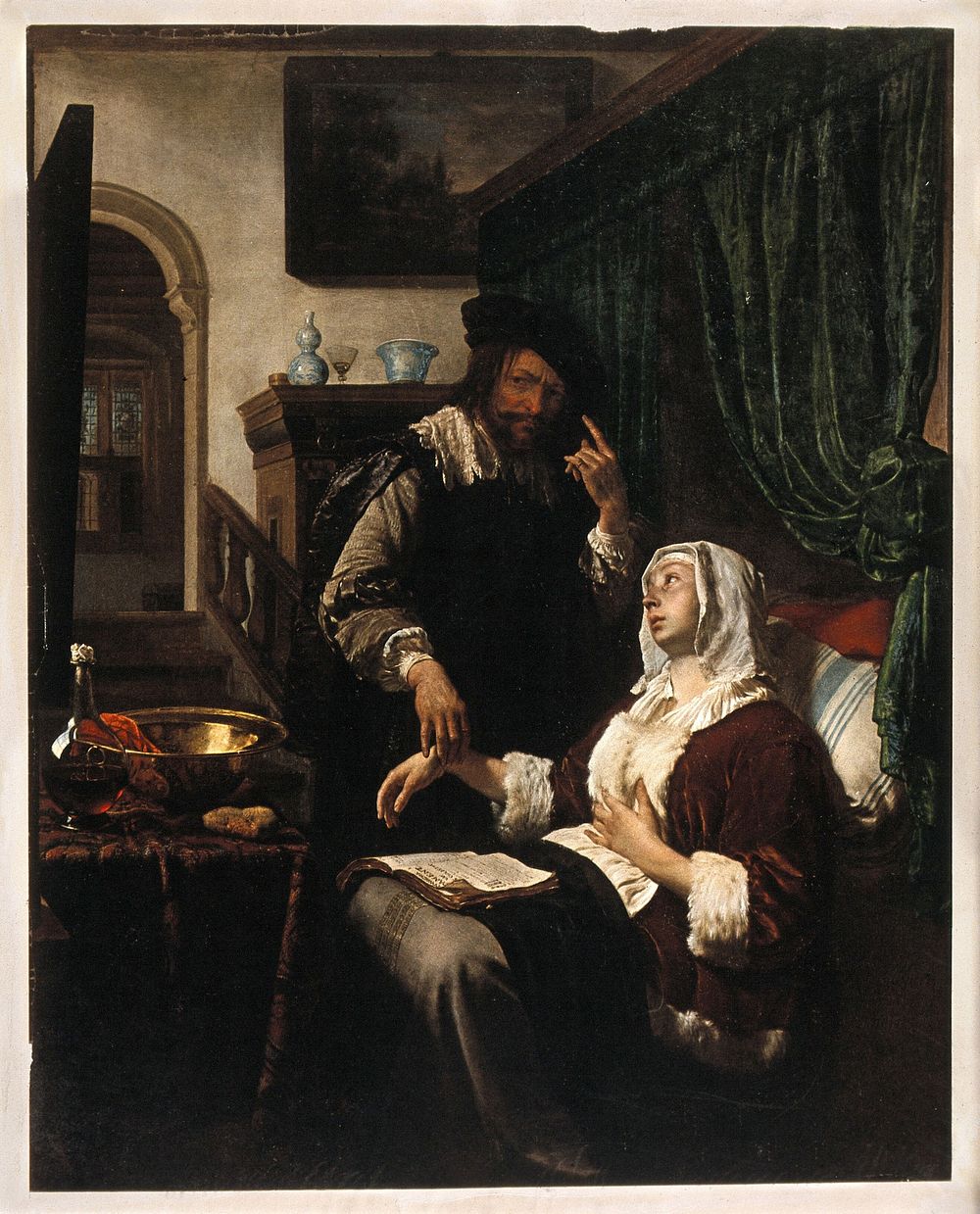 A physician taking the pulse of a woman who is touching her chest and reading a devotional book. Colour photolithograph…