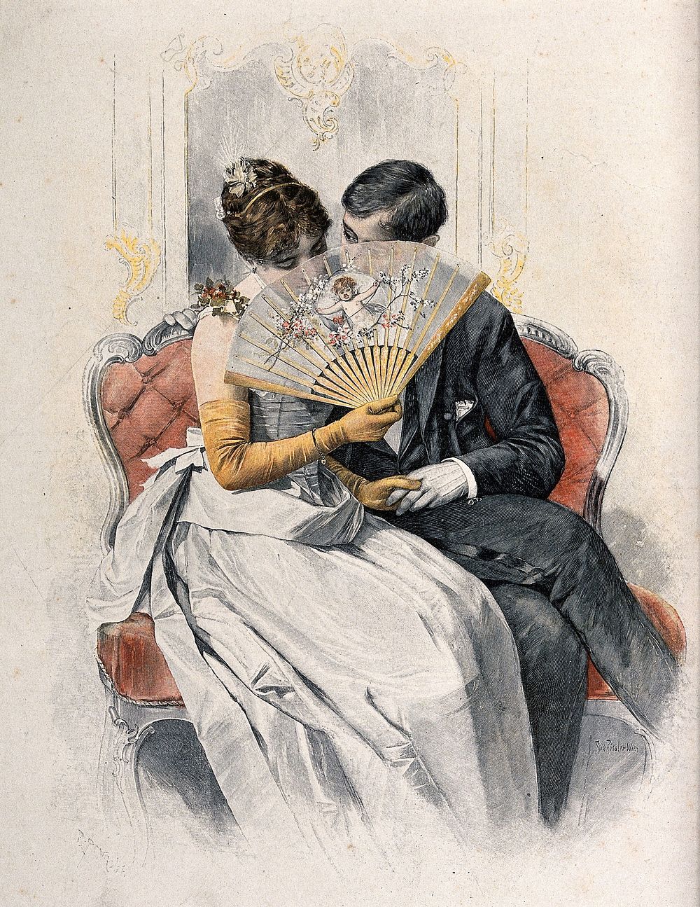 A young loving couple sit on a sofa holding hands while she coyly holds a fan up to her face. Coloured wood engraving after…