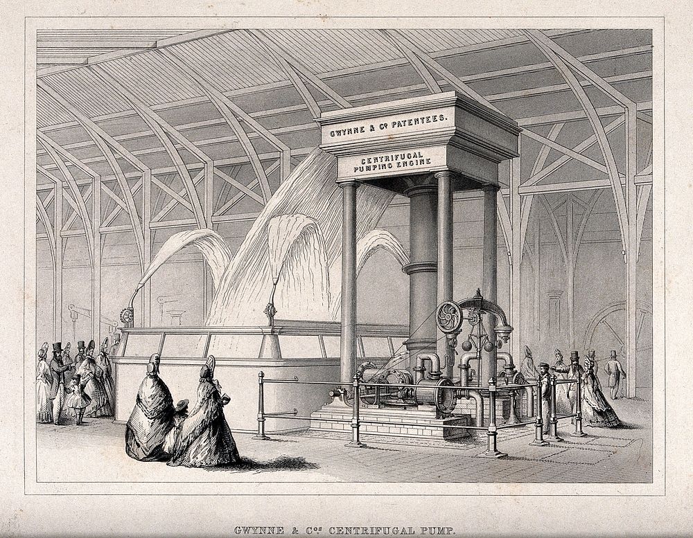 Engineering: a powerful water pump on display at an exhibition. Engraving, [c.1865].