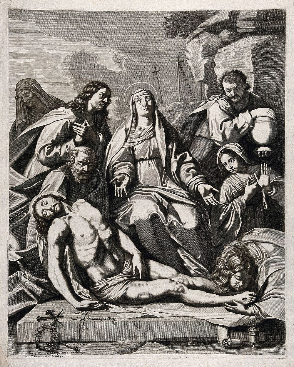 Lamentation over the dead Christ. Engraving after P. de Champaigne.