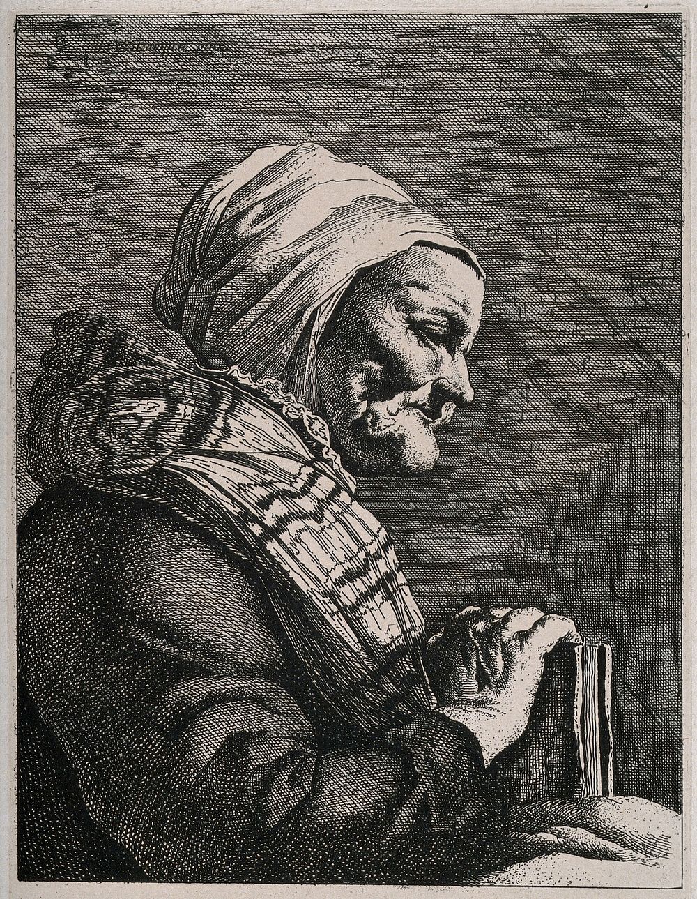 An aged blind and toothless woman holding a vellum-bound book. Etching by W.Y. Ottley, 1828, after Jan Matham after Jacob…