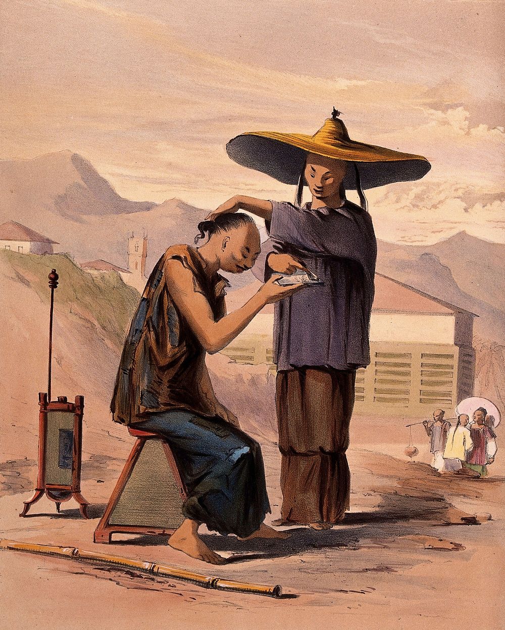 A man in a wide brimmed conical hat is about to shave his customer. Coloured lithograph after W.R. Snow.