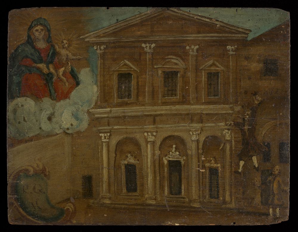 A man falling from the upper storey of a building into a courtyard. Oil painting by an Italian painter.