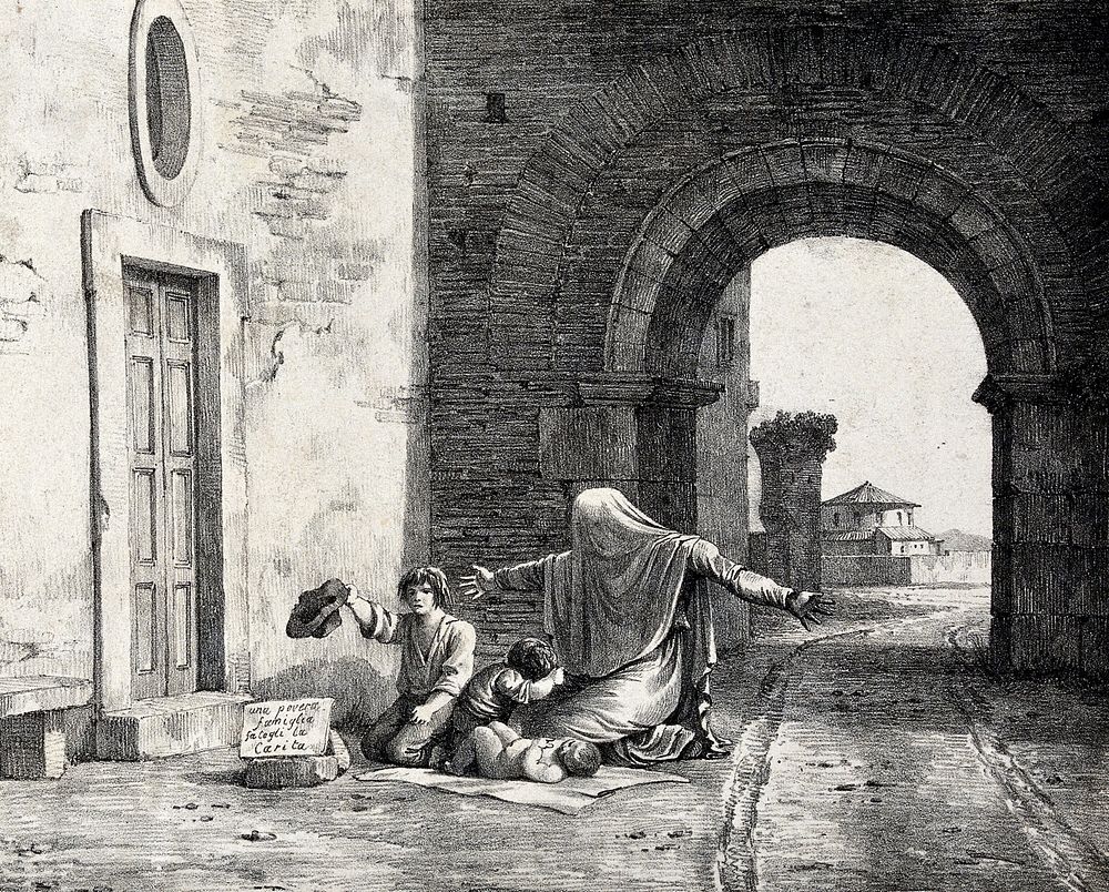 A woman begging with three children, one of them a naked infant, under the arch of a town-wall. Lithograph.