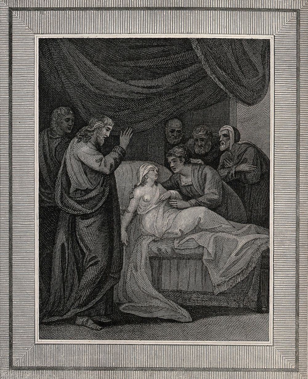 Christ raises Jairus' daughter. Engraving.