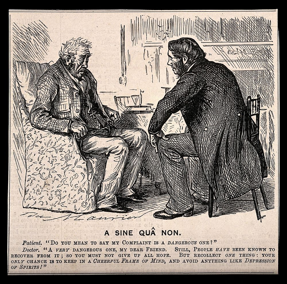 A physician advising a man not to be depressed by his illness. Wood engraving after G. Du Maurier.
