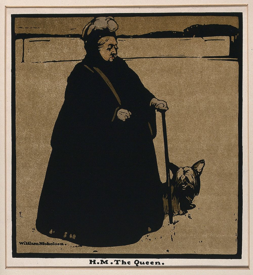Queen Victoria at the age of seventy eight, holding a walking stick; a dog beside her. Lithograph after W. Nicholson, ca.…