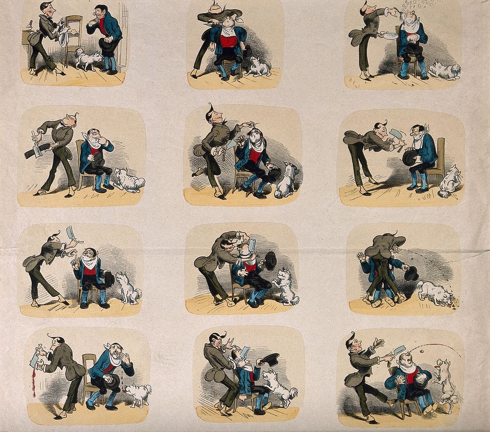 A barber shaving a customer; then cutting his nose off: a sequence of fifteen pictures. Coloured wood engraving.