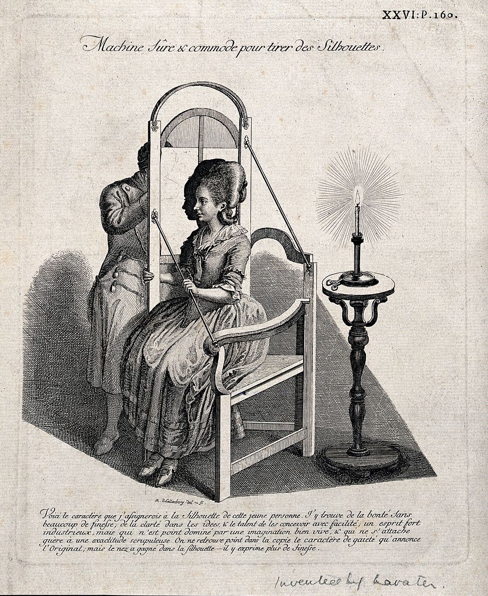 A man drawing the silhouette of a seated woman on translucent paper suspended in a frame and lit by a candle. Etching by…