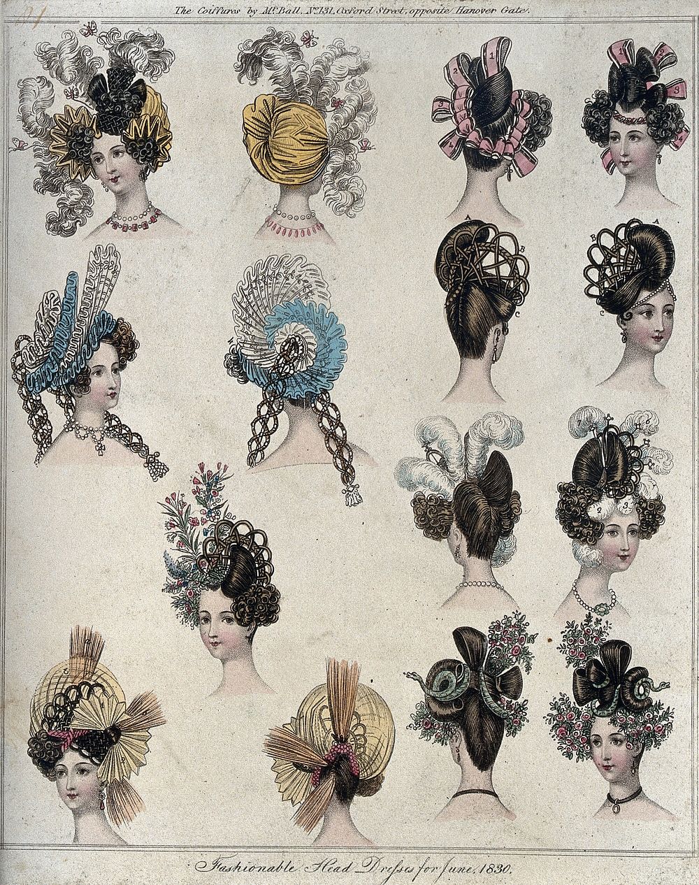Fifteen heads of women wearing fashionable head-dresses and hair accessories. Coloured engraving.