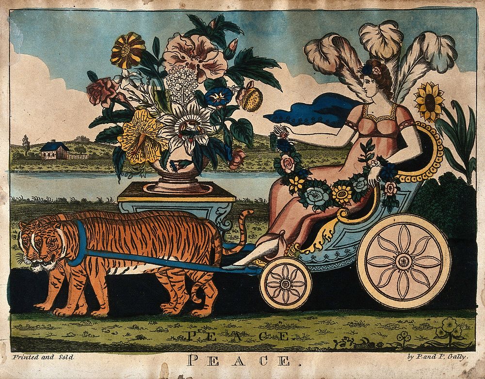 An allegorical female decorated with flower garlands and the feathers of the Prince of Wales is sitting in a chariot drawn…