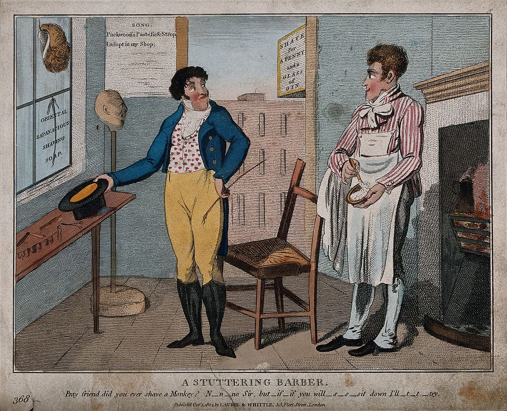 A barber in his shop preparing to shave a customer. Coloured etching.