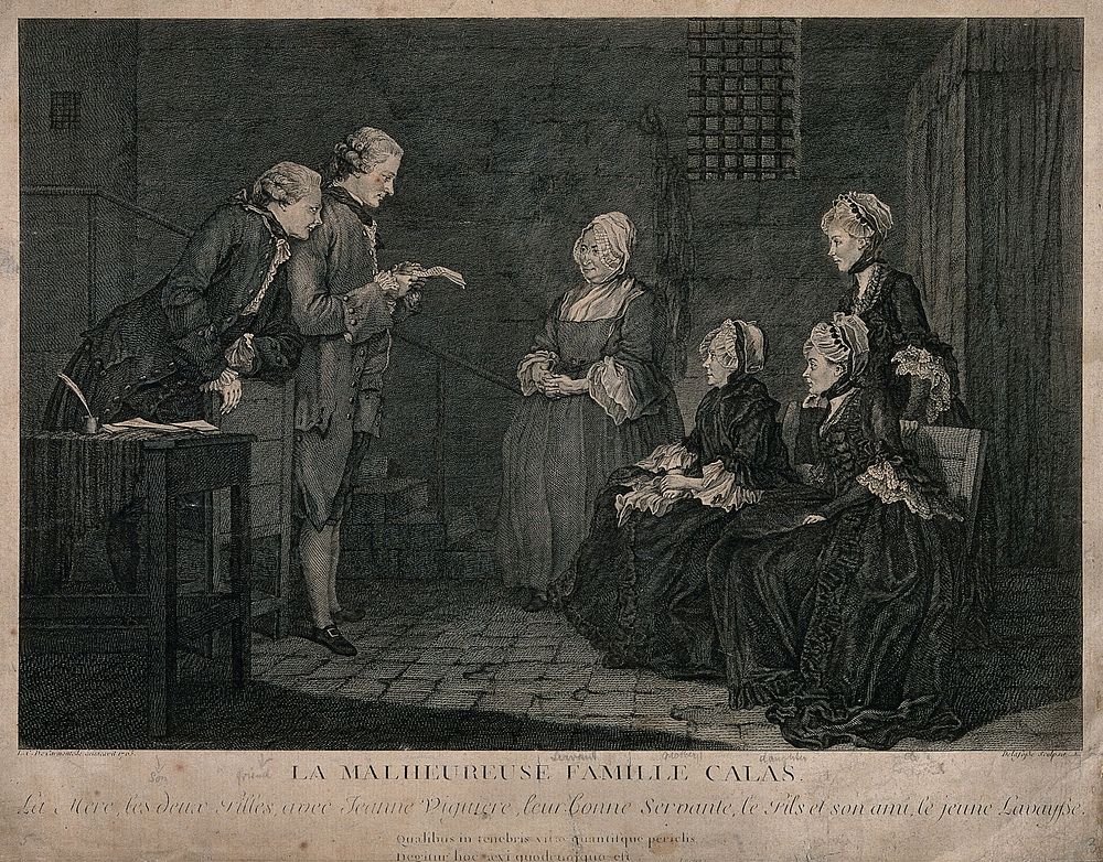 The family of Jean Calas sit listening to Alexandre Lavaysse reading a letter from Calas. Engraving by J.B. Delafosse after…