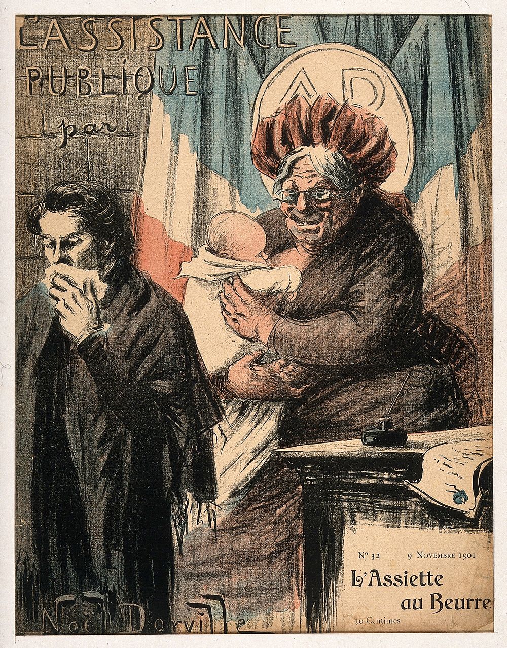 An old wet nurse; symbolising France as nanny-state and public health provider. Colour photomechanical reproduction of a…