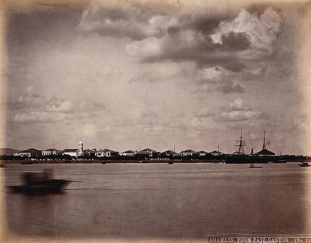 Canton, China: view across the river from Canton City to the island of Shameen. Photograph by W.P. Floyd, ca. 1873.