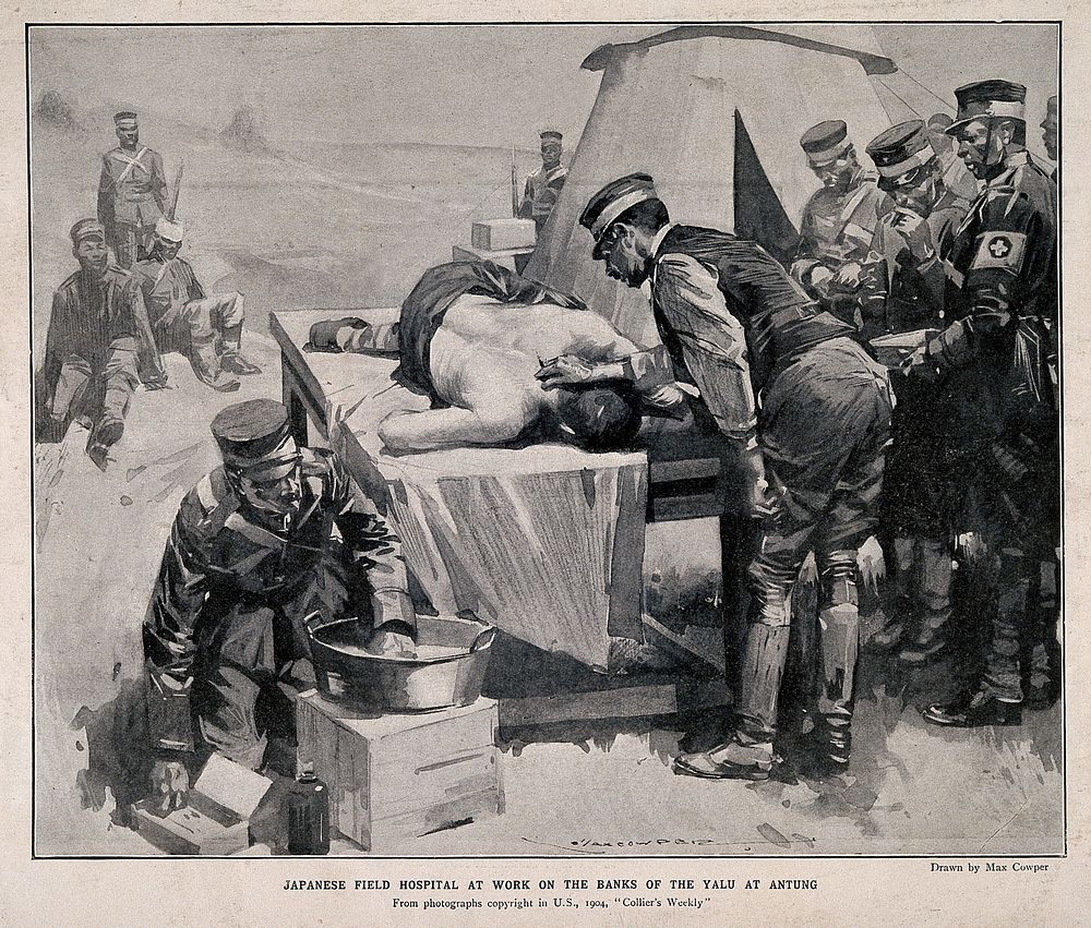 Russo-Japanese War: a man being treated on a table in an open-air Japanese field hospital, others watch. Halftone after M.…