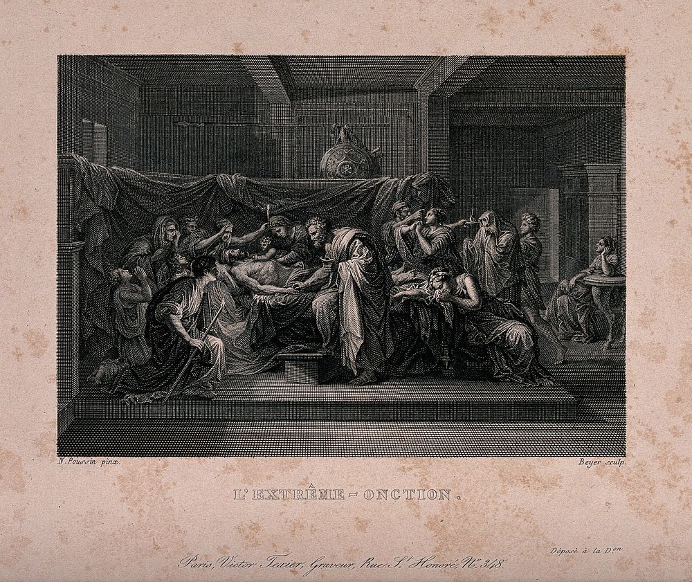 A Christian-Roman soldier is administered extreme unction by a priest. Etching by Beyer after N. Poussin.