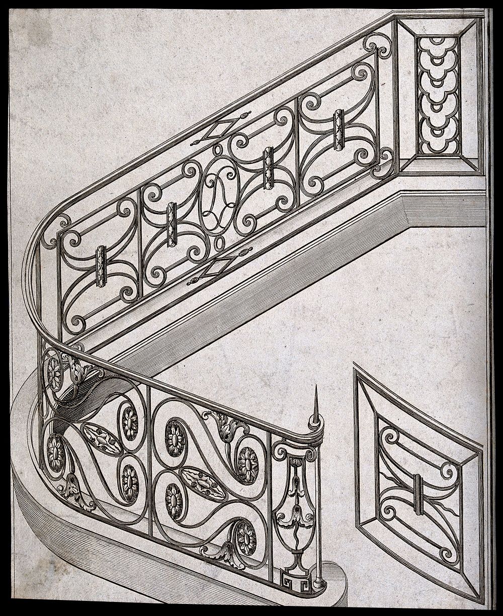 Architecture: designs for stair balustrades. Etching.