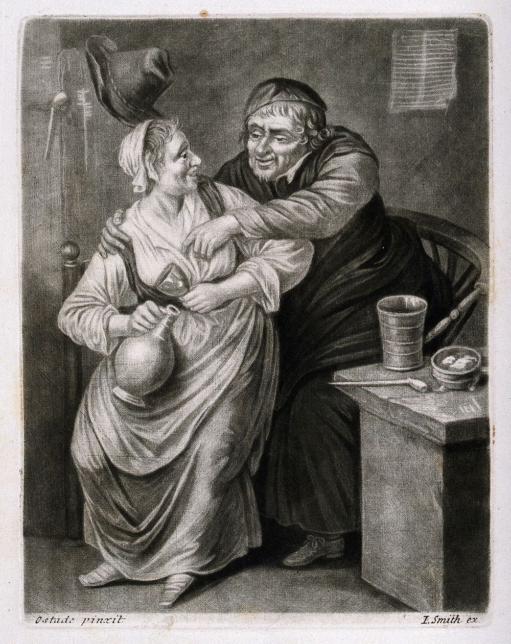 A lecherous old man leans over to a molest a woman who holds a bottle and drinking glass. Mezzotint by J. Smith, c. 1700…