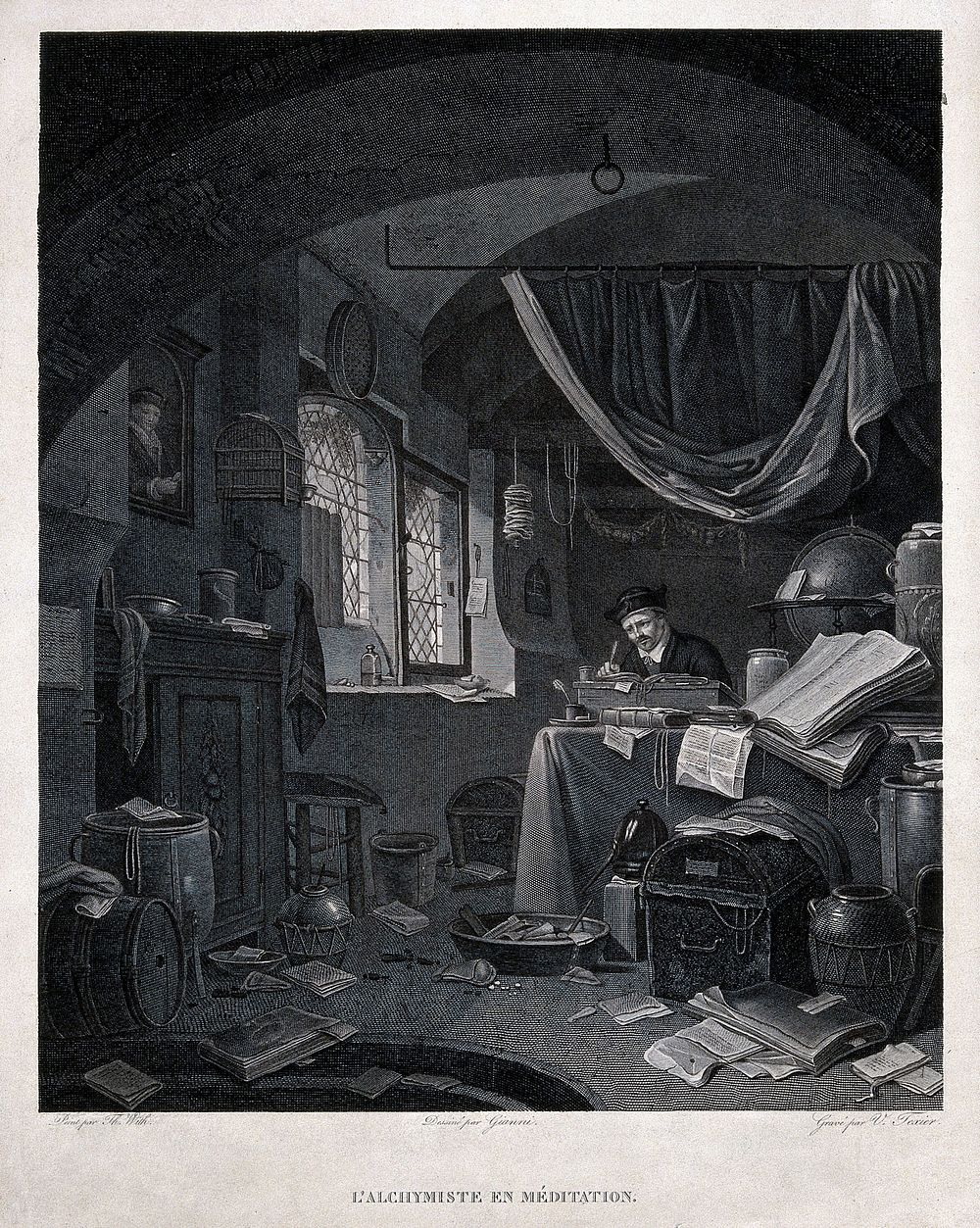 An alchemist peacefully writing in a room strewn with papers. Engraving by V.A.L. Texier after F. Giani after T. Wyck.
