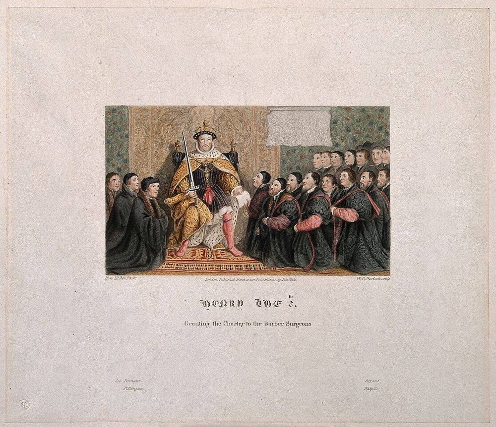 King Henry VIII granting a Royal Charter to the Barber-Surgeons company. Coloured engraving by W.P. Sherlock, 1817, after H.…
