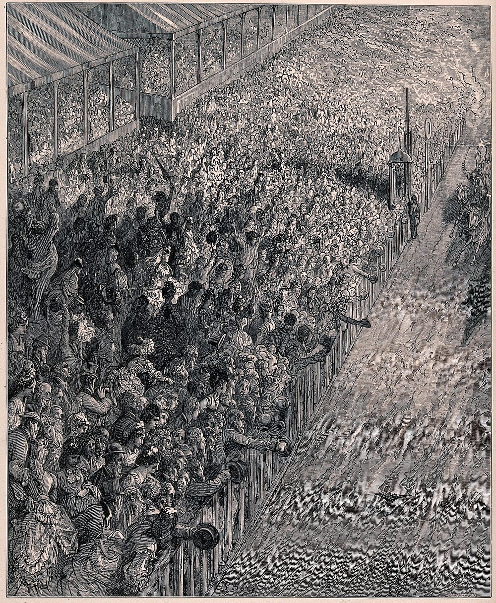 Crowds watching horses approach the finishing line of the Derby. Wood engraving by A.F. Pannemaker after G. Doré.