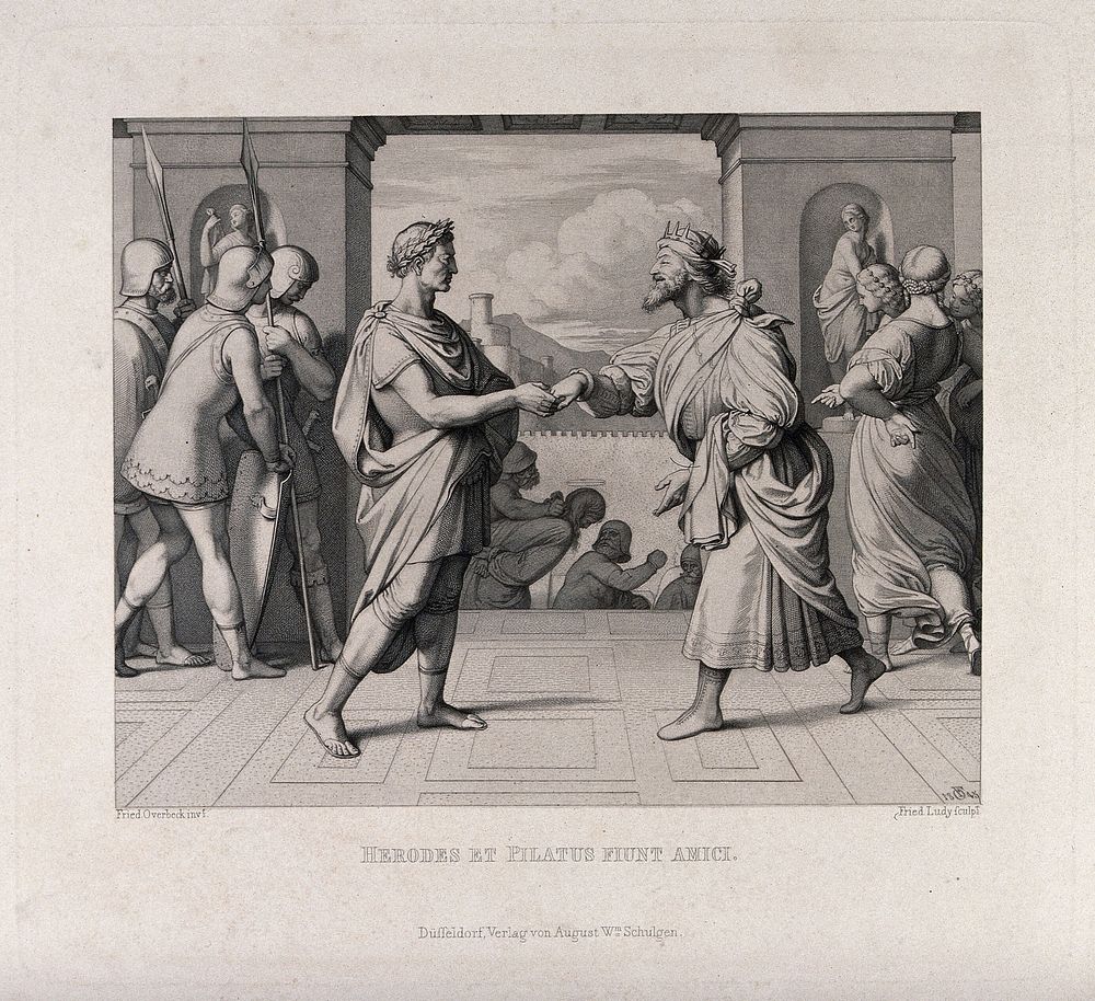 Herod and Pontius Pilate shake hands. Etching by F.A. Ludy after J.F. Overbeck, 1845.