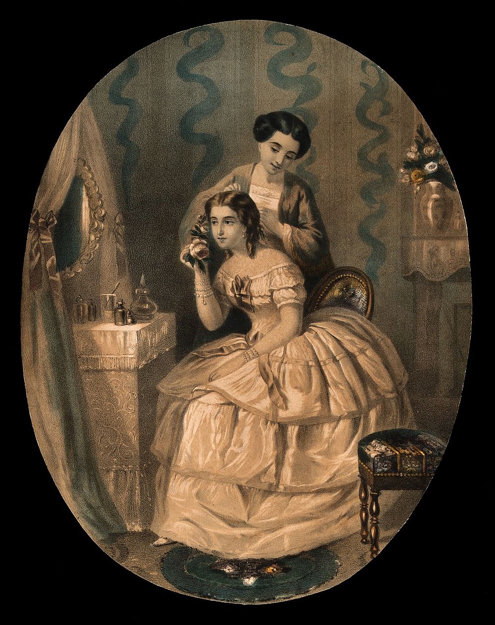 A woman at her dressing table having her hair dressed by a female assistant. Coloured lithograph.