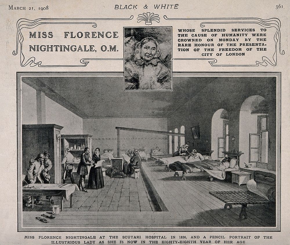 Crimean War: Florence Nightingale at Scutari Hospital, 1856, plus a portrait drawing. Process print, 1908.