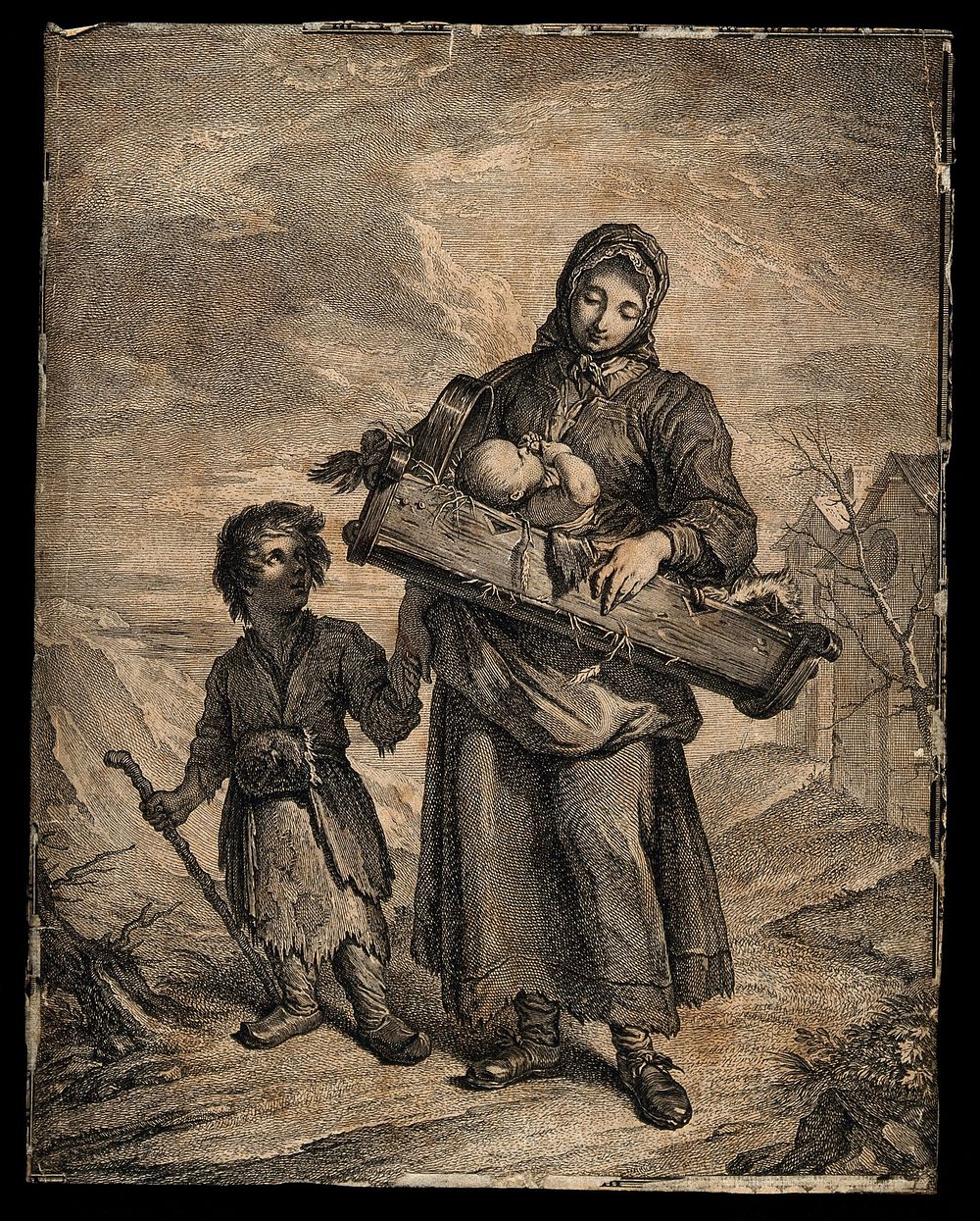 A woman carrying a baby and holding the hand of her small child in a bleak rural setting. Engraving.