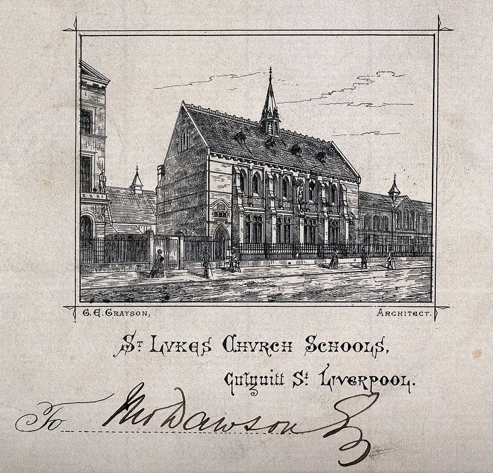 St. Luke's Church Schools, Liverpool, Merseyside. Etching after G.E. Grayson.