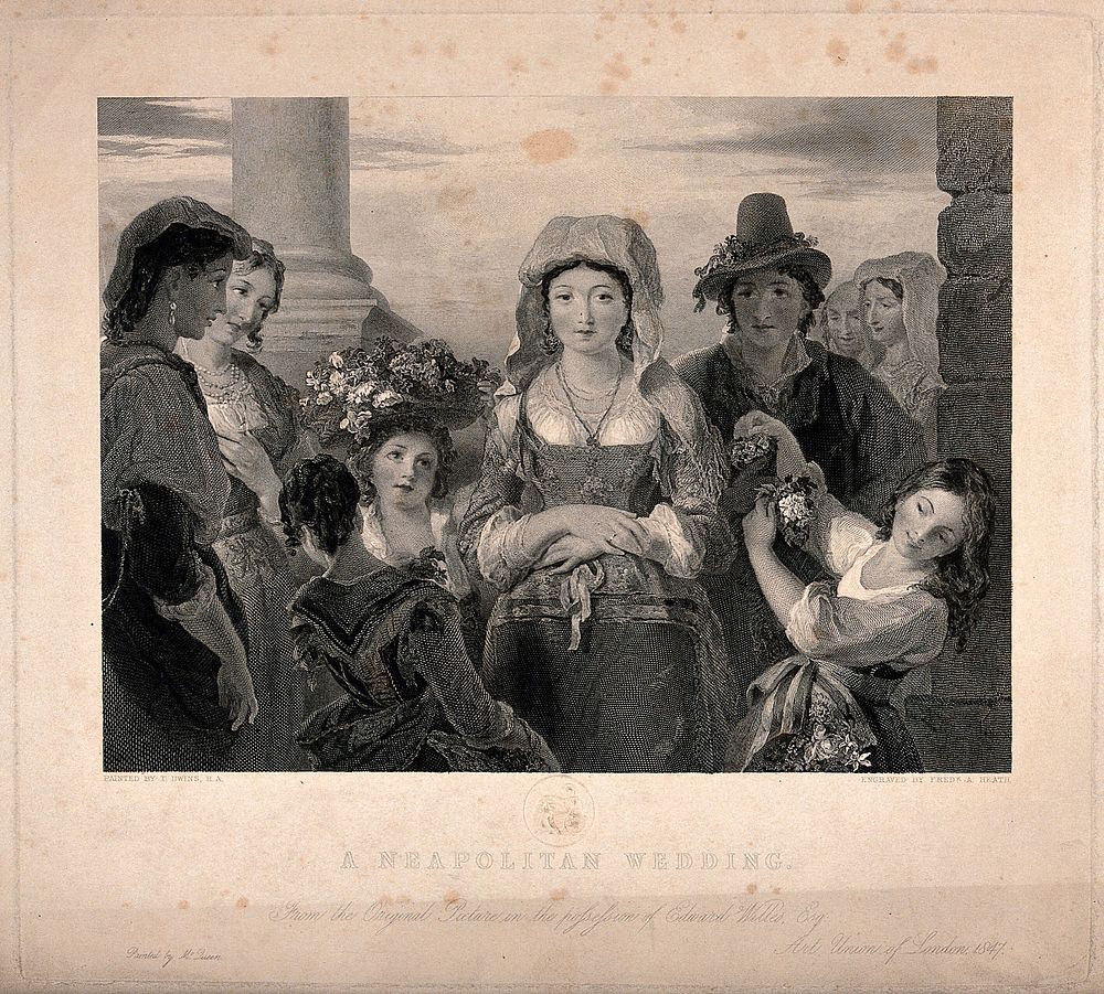 A young bride in Naples accompanied by her family and children with flowers. Engraving by Frederick A. Heath after T. Uwins.
