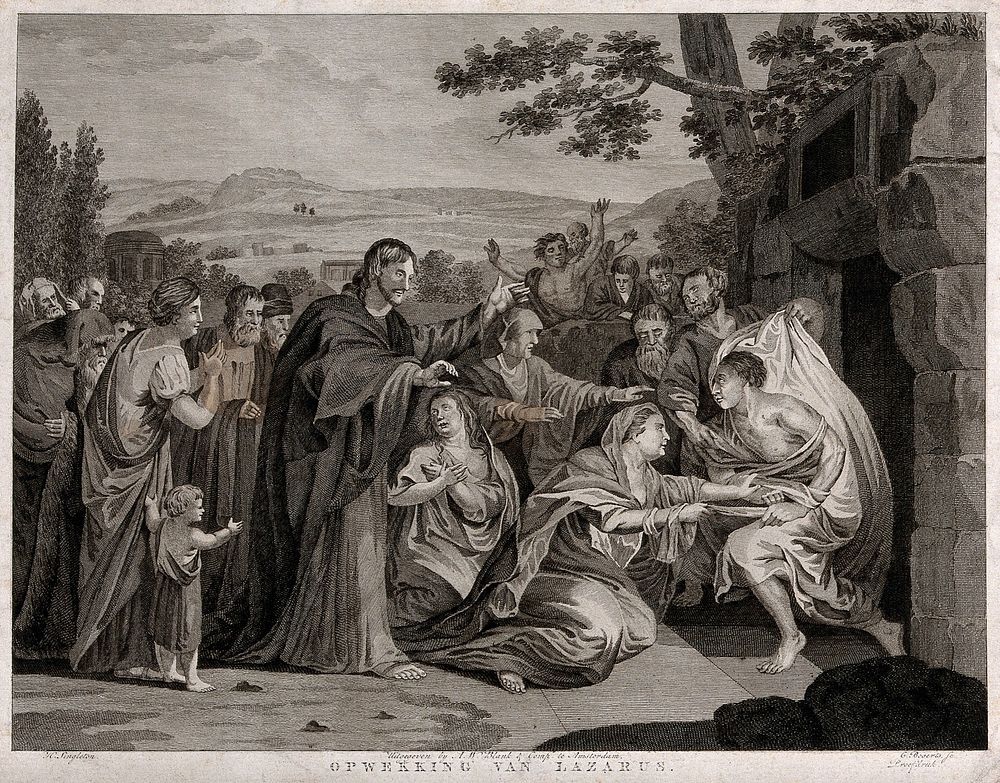 Christ raises Lazarus from his tomb. Etching by C. Bogerts after H. Singleton.