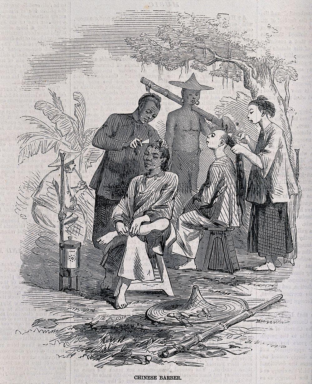 Barbers dressing hair in a clearing. Wood engraving.