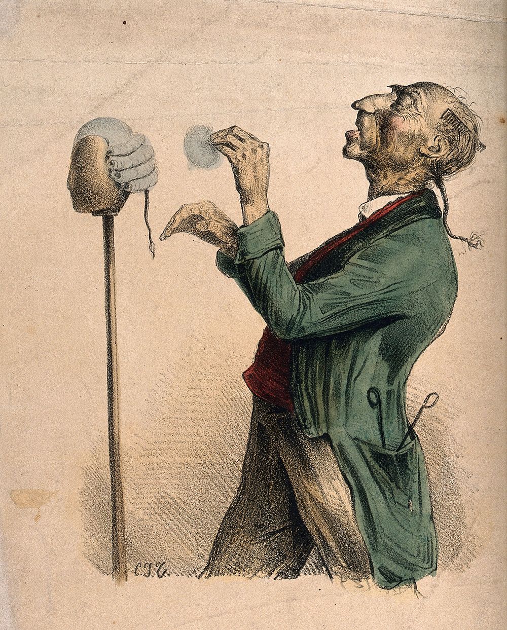 A hairdresser powdering a wig on a stand. Coloured lithograph by C.J. Traviès de Villers.