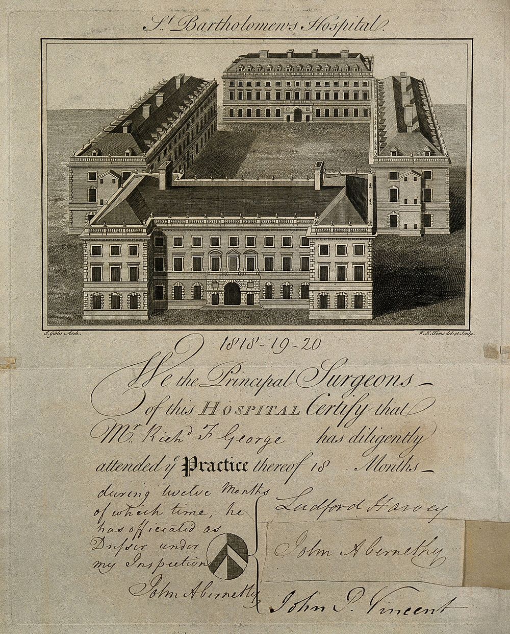 John Abernethy: his signature (with two others) appended to a print of St. Bartholomew's Hospital. Engraving by W.H. Toms…
