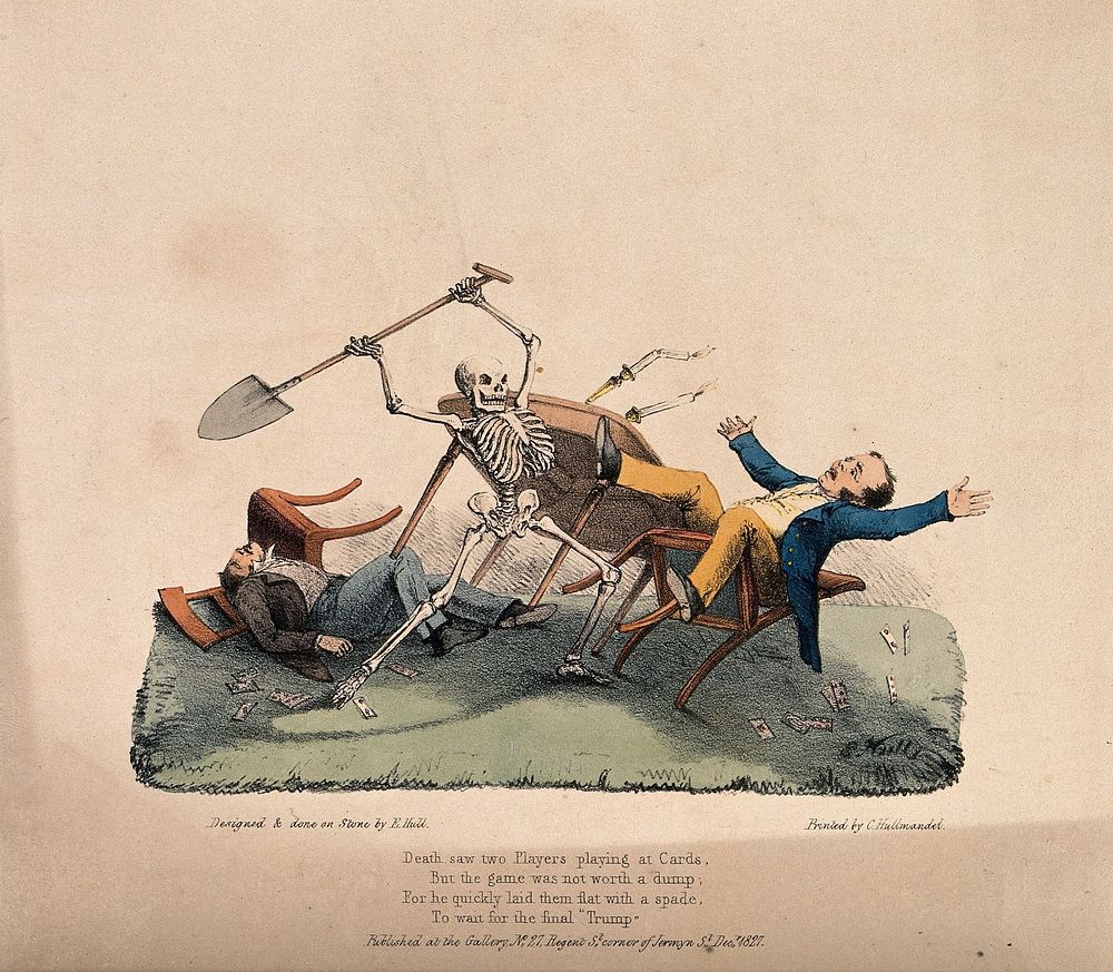 The dance of death: Death sees two players playing at cards. Colour lithograph by Edward Hull, 18--.