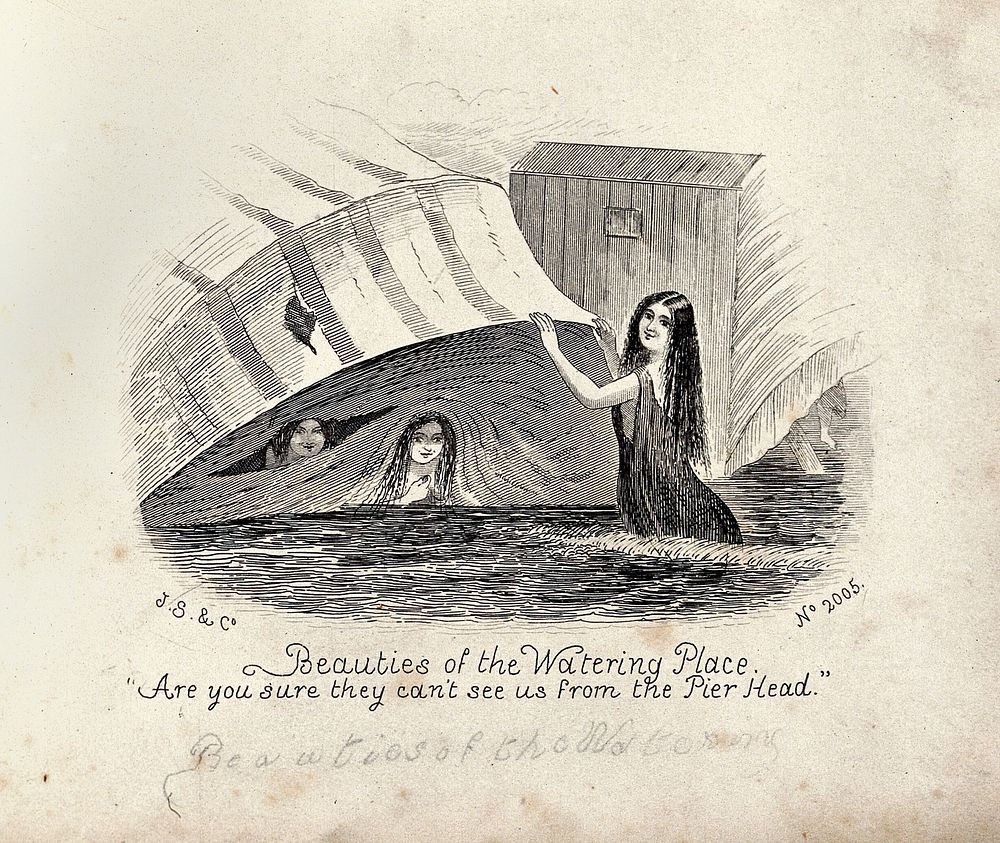 A woman holding up a canopy attached to a bathing machine; two women are peering out. Wood engraving.